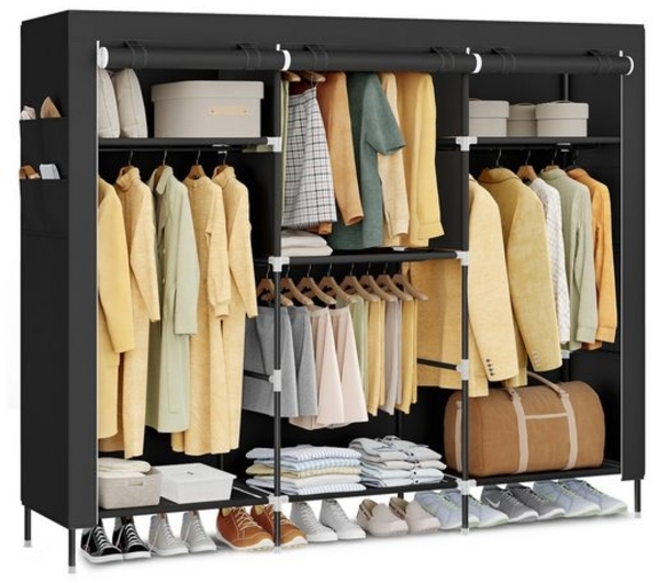 SONGMICS Stoffschrank mit Kleiderstange, Kleiderschrank mit Seitentaschen, Schrank für Schlafzimmer, 4 Hängefächer, schwarz