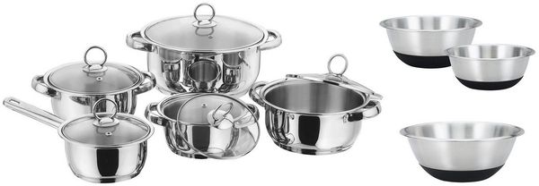 KING Topf-Set New Silver Line, Edelstahl (Set, 13-tlg, je 1 Kochtopf 16/18/20/24 cm, 1 Stieltopf 16 cm, 3 Edelstahlschüsseln), Induktion