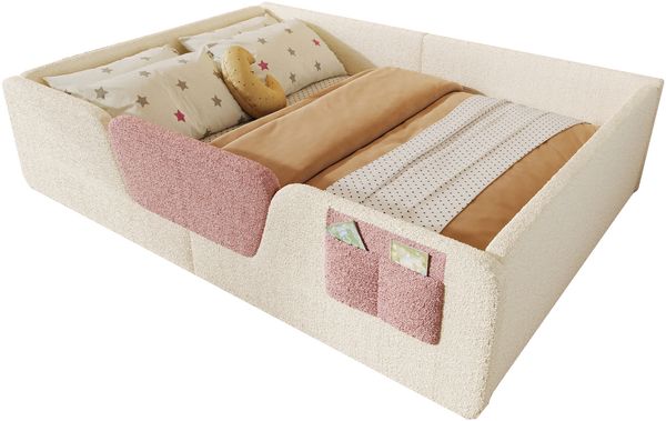 Polsterbett 140×190 cm mit abnehmbaren Seitengittern, Samtbezug, Beige, ohne Matratze Bild 7