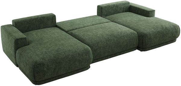 XXL Wohnlandschaft RINA U-Form 360 cm breit, Sofa mit Schlaffunktion & DL-Mechanismus, Wellenfederung, modern freistehend - Dunkelgrün Schenille grob gewebt Bild 5