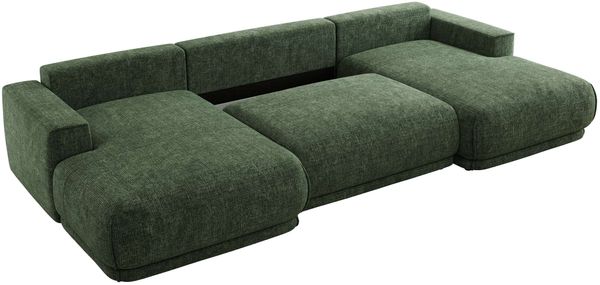 XXL Wohnlandschaft RINA U-Form 360 cm breit, Sofa mit Schlaffunktion & DL-Mechanismus, Wellenfederung, modern freistehend - Dunkelgrün Schenille grob gewebt Bild 6