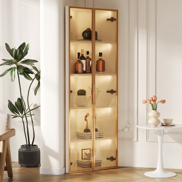 REDOM Vitrine Eckvitrine mit LED-Beleuchtung & staubgeschütztem Glas (Packung, 1-St, Elegante Eckenutzung als Regal oder dekoratives Ausstellungsmöbel) 62x160x35 cm in Schwarz, mit Türen für Bücher, Wein oder Sammlung