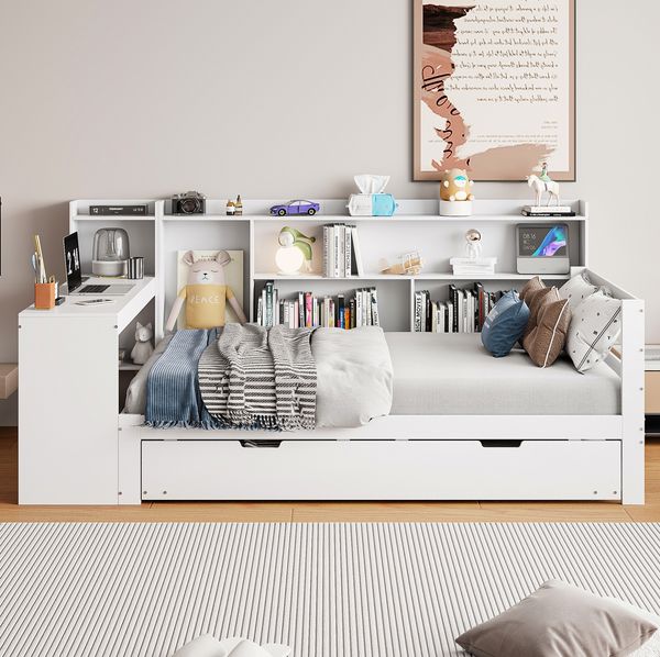 Multifunktionales Schlafsofa Weiß 90x200 Mit Ausziehbett USB Steckdose Stauraum Massivkiefer 120kg Tragkraft Gästebett Arbeitsbereich