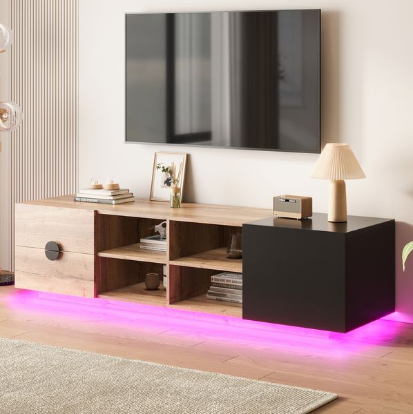 Fernsehschrank 180 x 38,5 x 47 cm mit Schublade, offenen Fächern und Schrankfach – Schwarz mit Holzdekor