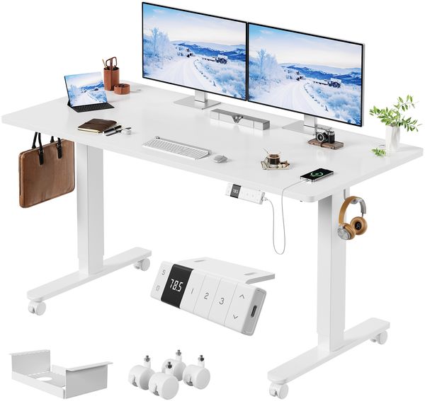 Devoko Höhenverstellbarer Schreibtisch Holzwerkstoff und Metall Weiß 140 x 80 x 72-118 cm Bild 2