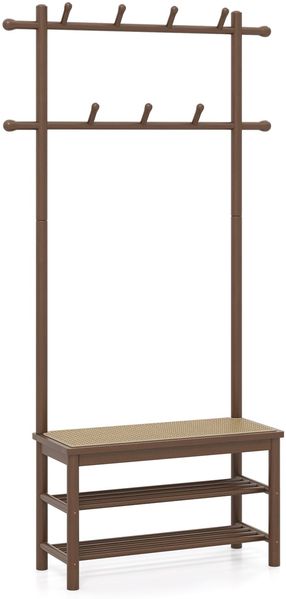 Garderobenständer mit Schuhbank & Schuhregal & 2 Aufhängestangen & 13 Haken Braun