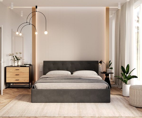 FDM Polsterbett Bettrahmen Bettgestell 90x200, 120x200, 140x200, 160x200, 180x200cm (MADE IN EU - mit hochwertigem Velours Bezug, Bettrahmen, Bett, Optional mit Matratze bestellbar, mit großen gepolsterten Kopfteil, mit Bettkasten zum aufklappen), Meta...