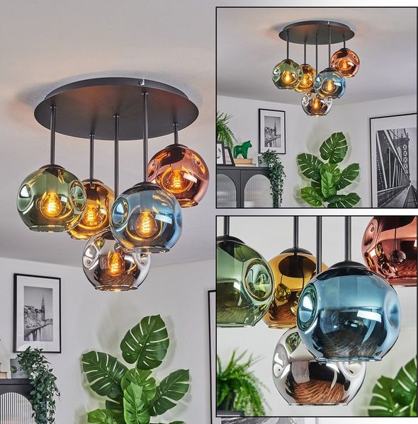 hofstein Deckenleuchte Deckenlampe aus Metall/Glas, Schwarz/Blau/Grün/Kupfer/Gold/Chrom/Rauch, Deckenleuchte im Retro/Vintage-Design (Schirm Ø 15 cm), 5 x E14
