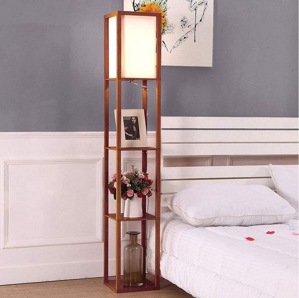 LMaxhome LED Stehlampe Modern aus Holz Nachttisch Bücherregal mit integrierter Lampe für Flur, 9,5W 3000K 160CM Walnussbraun LED Tageslicht Lampenschirm Wohnzimmer