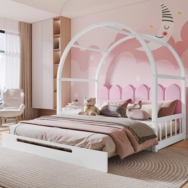 Merax Kinderbett Kiefer Schiebebett mit Samt Zaun-Kissen 140x100cm/140x200cm, weiß | rosa