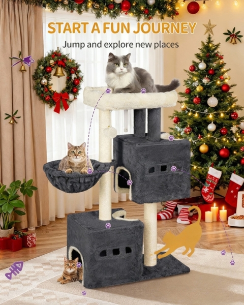 Kratzbaum, 98cm Kleiner Katzenbaum, Geräumiges und Stabile, mit Weiche Große Plattform, Plüschbälle, Höhlen, Kratzsäulen, Katzenkratzbrett, Dunkelgrau