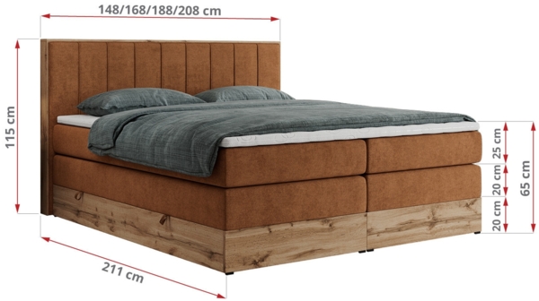 Boxspringbett BELLISSIMO KING, Doppelbett mit Multipocket-Matratze, Polsterbett mit Kopfstütze - 160 x 200 cm - Orange Stoff - H4 Bild 5