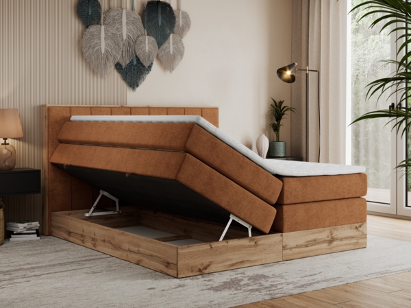 Boxspringbett BELLISSIMO KING, Doppelbett mit Multipocket-Matratze, Polsterbett mit Kopfstütze - 160 x 200 cm - Orange Stoff - H4 Bild 2