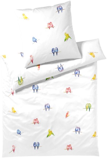 Elegante Mako Satin Bettwäsche Lovebirds 24573-0 weiß Vögel 135x200