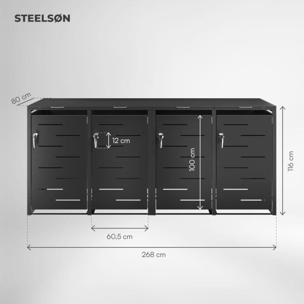 STEELSØN 'Diorus' Mülltonnenbox für 4 Tonnen je 240 Liter, graphitschwarz, Mülltonnenverkleidung aus Stahl mit Sichtstreifen, wetterfest, 116x80x268 cm, abschließbare Müllbox Bild 5