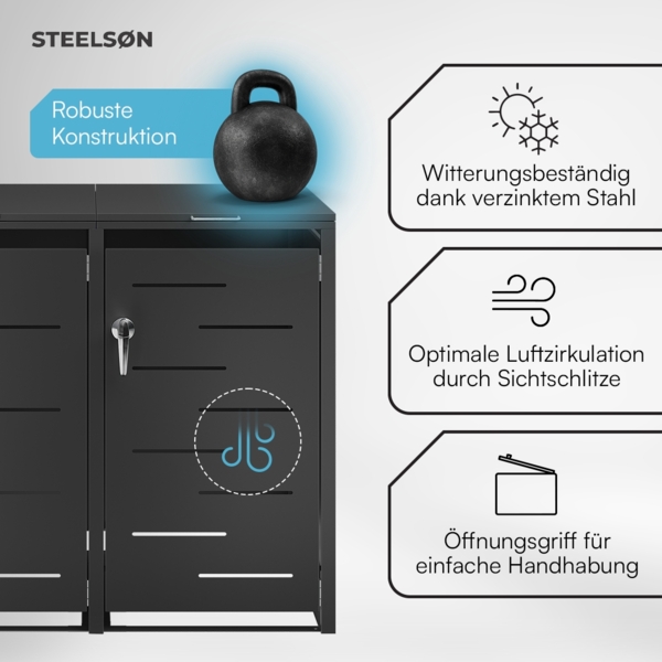 STEELSØN 'Diorus' Mülltonnenbox für 4 Tonnen je 240 Liter, graphitschwarz, Mülltonnenverkleidung aus Stahl mit Sichtstreifen, wetterfest, 116x80x268 cm, abschließbare Müllbox Bild 4