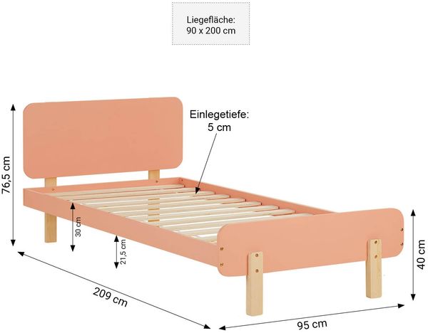 Kinderbett 90x200 cm mit Lattenrost Jugendbett Rot Gästebett Bettgestell Holzbett Einzelbett Massiv Holzbettrahmen Bild 3