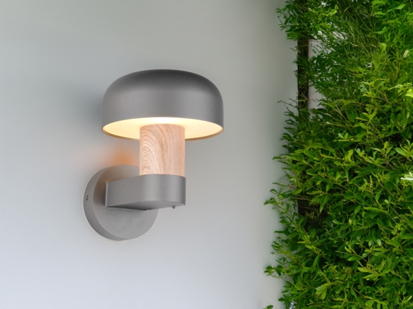 Moderne LED Außenwandleuchte in Anthrazit & Holzoptik, Höhe 24cm