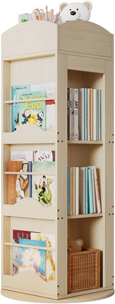 360° drehbares Bücherregal aus MDF, 4 Böden multifunktionales Standregal für Kinder & Erwachsene, Bilderbuch Lagerregal naturfarben für Kinderzimmer & Arbeitszimmer