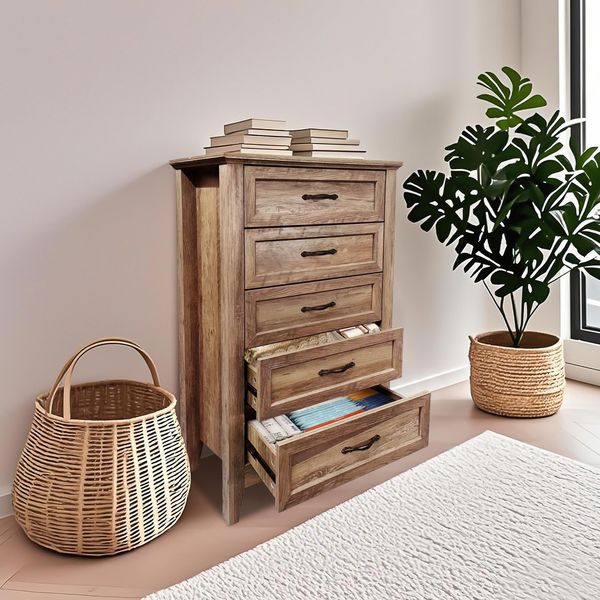 GarveeHome Kommode mit 5 Schubladen 70 x 40 x 114cm, Sideboard Schubladenschrank mit Viel Stauraum, Aufbewahrungsschrank Anti-Flip-Design, Komodenschrank für Schlafzimmer, Wohnzimmer, Vintage