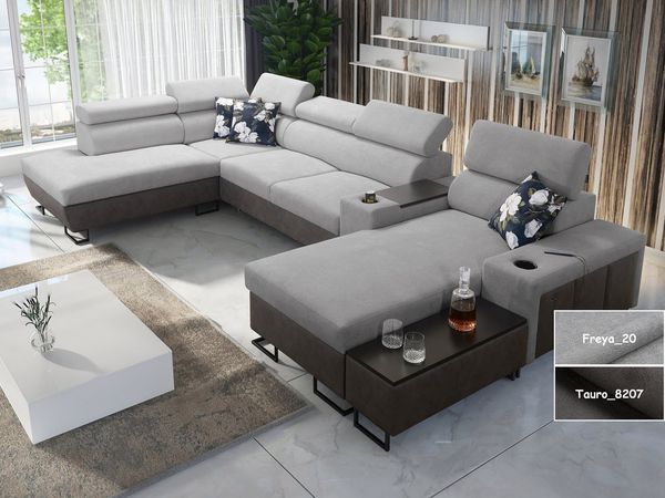 Möbel für Dich Wohnlandschaft in U-Form Melody V, mit Ablagetisch, Barfach, USB, Becherhalter, Bettfunktion, Bettkasten