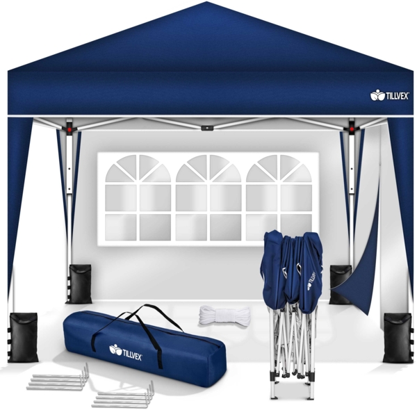 tillvex Pop-Up Faltpavillon mit Tasche, wasserdicht, höhenverstellbar & UV Schutz 50+, Stahl / Polyester, 3x3 m, Pavillon inkl. 2 Seitenteile, Blau