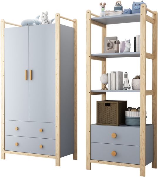 Garderobe, Doppelklappengarderobe Kombinationsgarderobenset Garderobe mit Regal Kleiderstange und Schubladen Kinderzimmer-Set, Fichtenrahmen, Blau+Naturholz, Höhe 180 cm