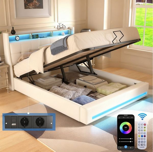 oyajia Polsterbett Doppelbett mit LED Licht 140x200 cm,Hydraulisch anhebbarer Stauraumbett (Mit Lattenrost und Ladefunktion, Leinenmaterial Polsterbettt), Modernes Jugendbett, Leises Design Bett, Max. Belastbarkeit 350 kg