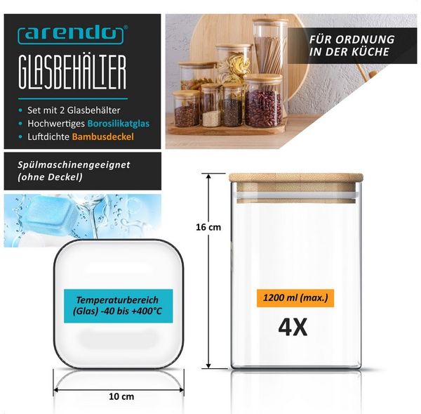 Arendo Aufbewahrungsbecher Glasbehälter-Set 4x 1,2 L Borosilikat quadratisch mit Bambusdeckel, Borosilikatglas, Bambus, Silikon, (Vorratsbehälter-Set, 4-tlg, 4er Set), luftdicht, hitze & kältebeständig, Mikrowellen & spülmaschinengeeignet