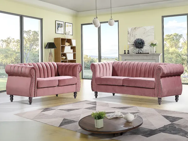Vente-unique - TRUMBO Couchgarnitur SamtStoff Puderrosa - B 78 cm x H 77 cm x L 150 cm195 cm