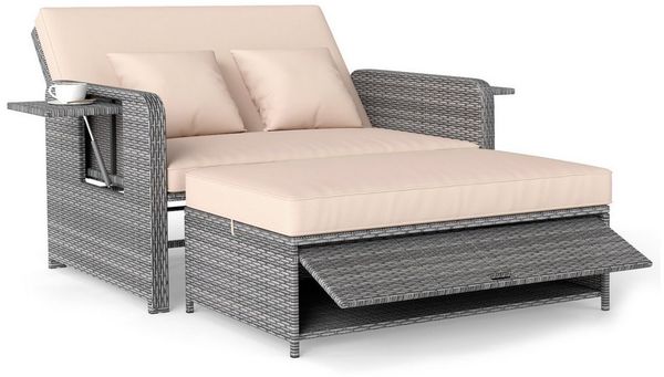 COSTWAY Loungebett, Gartenliege mit Auflage, verstellbarer Rückenlehne, Stauraum Rattan