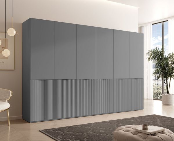 MOEBLO Drehtürenschrank MINEWRA NOVA 300 (mit 6 Türen – Moderner Kleiderschrank mit gefrästen Fronten, viel Stauraum für Schlafzimmer & Ankleidezimmer, Garderobenschrank mit viel Stauraum, 12 Einlegeböden & 4 Kleiderstangen, zeitloses Design) (BxHxT): ...