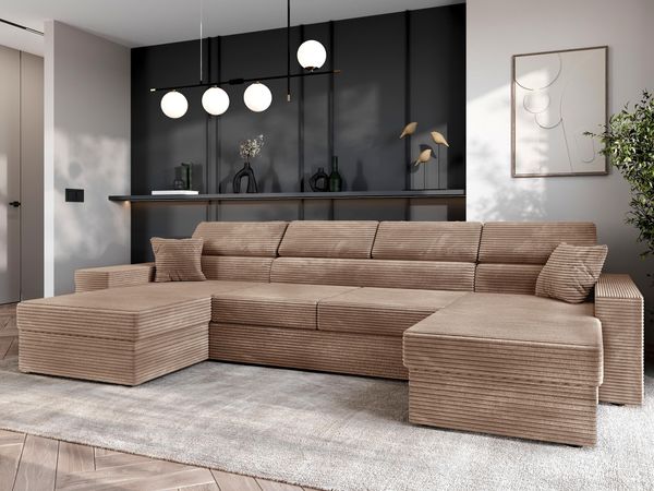 AX LIVING Belek Sofa U Form Cord Kaffeefarbe Bettkasten Schlaffunktion
