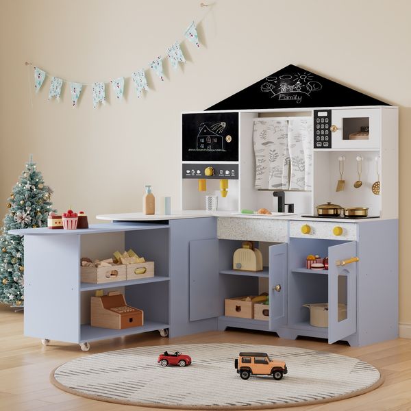 Merax Kinderküche, Spielküche-Kreatives Hausdesign, Zubehör und Überraschungseffekten, geeignet für Kinder ab 3 Jahren, Holz + Kunststoff, Weiß+Lila, 60x90x105cm