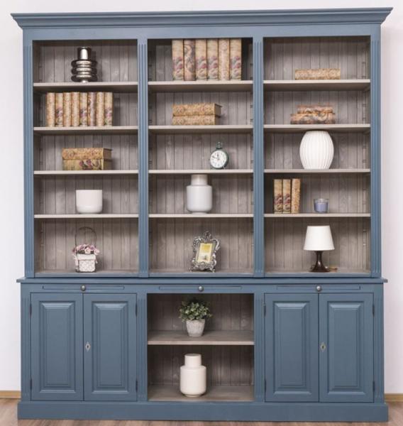 Casa Padrino Landhausstil Wohnzimmerschrank Blau / Grau 229 x 51 x H. 244 cm - Massivholz Schrank - Bücherschrank - Regalschrank - Landhausstil Möbel