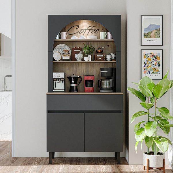 Roomart Küchenregal VENEDIK Küchenschrank 90 cm, Buffet, Schublade in 4 Farben, mit Beleuchtung, offene Nische, Schublade, Einlegeböden in 4 Farben