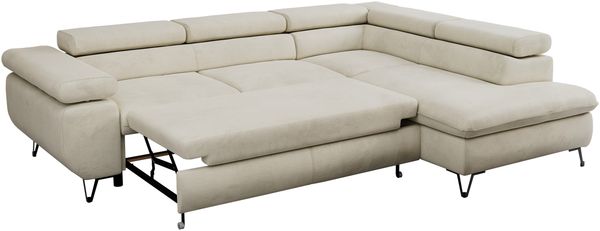 Mks Möbel 'Peter L-form' Ecksofa mit Bettfunktion, Bettkasten & einstellbaren Kopfstützen, Beige, Velours, rechts Bild 6