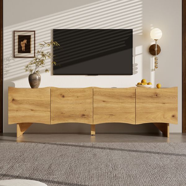 TV-Schrank, Moderner TV-Schrank mit Wellenmuster Medienkonsole mit Stauraum vier Türen Kabeldurchführungen stilvolles Design, Holz, Holzoptik, 155 cm