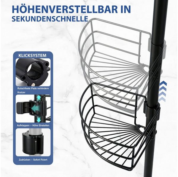Sekey Duschregal Teleskop-Duschregal ohne Bohren, Eckablagen mit 4 Körbe, Eckregal Bad, Clipsystem, 80–310 cm, schwarz