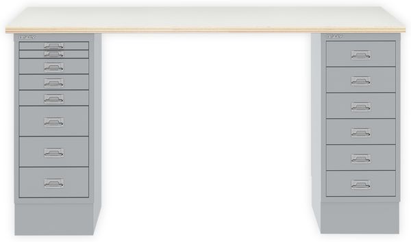 MultiDesk, 1 MultiDrawer mit 6 Schüben, 1 MultiDrawer mit 8 Schüben, Dekor Plywood, Farbe Silber, Maße: H 740 x B 1400 x T 600 mm