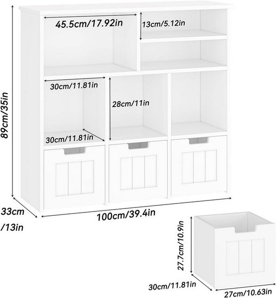 GarveeMore Kinderregal mit 6 Fächern und 3 rollbaren Schubladen,100x33x89cm, Bücherregal Kinder,Spielzeug Aufbewahrungsorganizer für Kinderzimmer