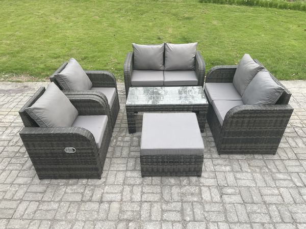 Fimous Polyrattan Gartenmöbel Set mit Rechteckiger Couchtisch 2 Großer Hockern 7-Sitzer Polyrattan Garten Sofa im Freien Set