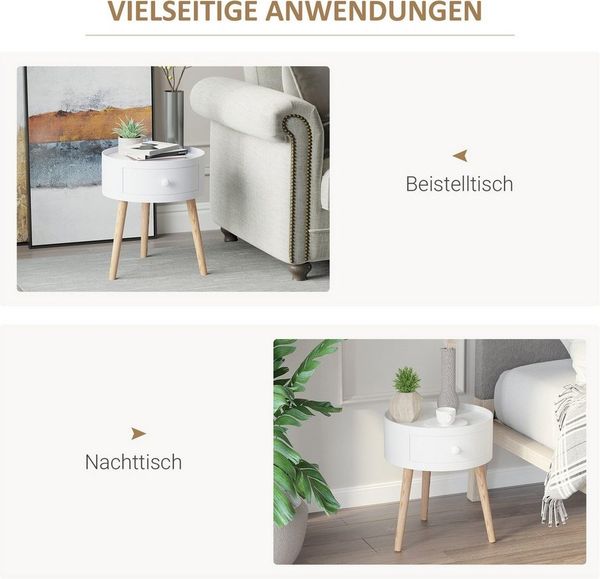 BlingBin Beistelltisch Wohnzimmer-Couchtisch mit Schubladen, runder Couchtisch mit Holzbeinen (1er Set, 1-St, 38 x 45H cm), Beistelltisch, Nachttisch, Sofatisch mit Schubladen und Beinen weiß