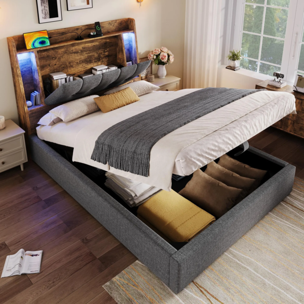 Polsterbett mit LED-Beleuchtung und Stauraum, 90x200 cm, Kopfteil gepolstert, Typ-C, USB, Einzelbett, Leinen