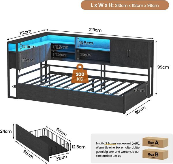 KIMENICH Polsterbett Jugendbett, Schlafsofa mit LED-Beleuchtung und USB-Ladestation (1-tlg, Ohne Matratze), Tagesbett mit Lattenrost aus Metall und 2 Schubladen, 90x190cm