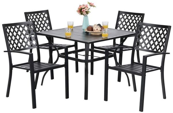 PHI VILLA Garten-Essgruppe, (94cm Quadratischer Gartentisch und 4 Gartenstühle, Wetterfest Balkonmöbel Terrassenmöbel), Metall Gartentisch und Stapelstühle