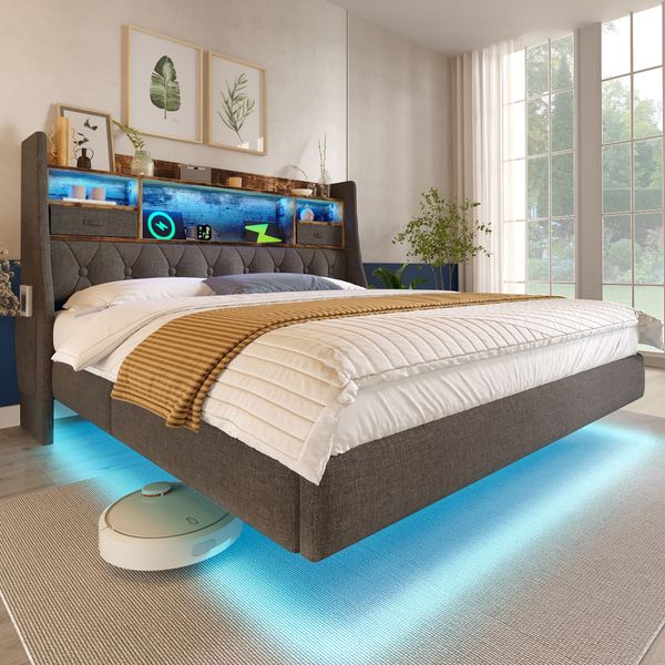 Polsterbett 140x190 cm Schwebebett mit LED-Beleuchtung, Kopfteil und Ladestation(1 Type-C, 3 USB-Anschlüsse), Modern Doppelbett mit Stauraum-Kopfteil und lattenrost, Leinen, Grau(Ohne Matratze)