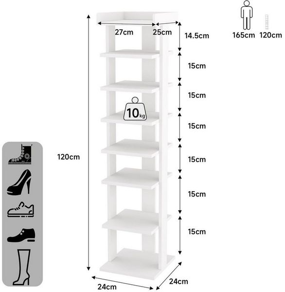 IDEASY Schuhregal Freistehendes Schuhregal mit 8 Ebenen, Weiß, platzsparend 24×24×120 cm, Eine Packung, Schmales Holz-Schuhregal für Flur & Diele, platzsparend 0,06 m²