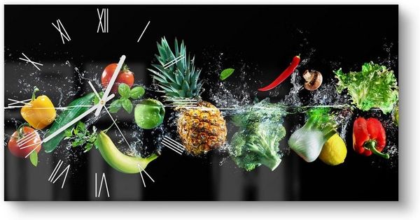 DEQORI Wanduhr 'Sauberes Obst und Gemüse' (Glas Glasuhr modern Wand Uhr Design Küchenuhr)