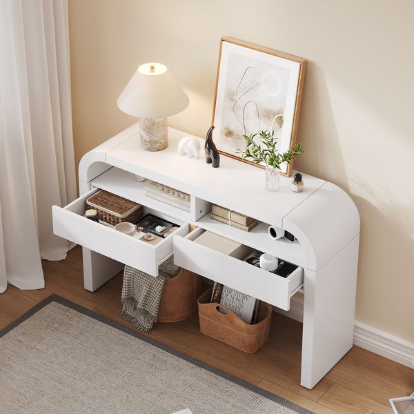 Couchtisch 120x35,5x76,5 cm aus MDF mit geschwungenen Kanten und 2 Schubladen, Weiß